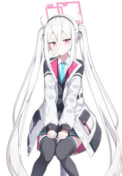  >:( 1girl absurdres black_socks black_thighhighs blazer blue_archive blue_necktie closed_mouth coat collared_shirt commentary dot_nose double-parted_bangs feet_out_of_frame frown hair_between_eyes halo highres jacket kei_(blue_archive) kei_(new_body)_(blue_archive) long_bangs long_hair long_sleeves looking_at_viewer multicolored_coat necktie no_pants open_clothes open_coat pink_eyes pink_halo pink_pupils school_uniform shirt simple_background sob_(submar1089) socks solo standing thighhighs twintails two-tone_coat underwear v-shaped_eyebrows very_long_hair white_background white_hair white_shirt wing_collar 