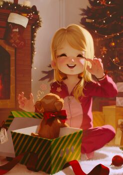  1girl alkemanubis animal baby_animal bell blonde_hair blush bracelet brown_fur candle christmas christmas_lights christmas_ornaments christmas_present christmas_stocking christmas_tree closed_eyes dog fire fireplace flower garland_(decoration) gift happy_tears heart heart_print jewelry long_hair onesie open_mouth original pajamas print_socks puppy purple_pajamas red_ribbon ribbon sitting smile socks star_(symbol) tears teeth tree white_socks zipper 