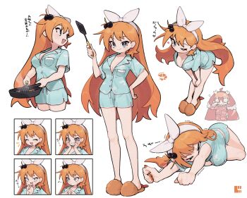 2girls :d absurdres adversarial_noise blue_eyes blue_pajamas blue_shirt blue_shorts bow_hairband breasts bright_pupils buttons cleavage closed_eyes closed_mouth commentary_request cooking hair_bobbles hair_ornament hairband highres holding holding_pan holding_spatula long_hair lying medium_breasts multiple_girls multiple_views on_side open_mouth orange_hair orange_slippers original pajamas shirt short_shorts shorts slippers smile spatula translation_request white_hairband white_pupils zizi_niisan