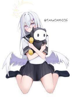  1girl absurdres artist_name azusa_(blue_archive) black_skirt black_socks blue_archive blue_eyes commentary_request feathered_wings gradient_eyes hair_between_eyes hair_ornament halo highres hugging_object long_hair low_wings multicolored_eyes pink_eyes simple_background sitting skirt skullman_(blue_archive) socks solo tanatoro296 wariza white_hair wings yellow_halo 