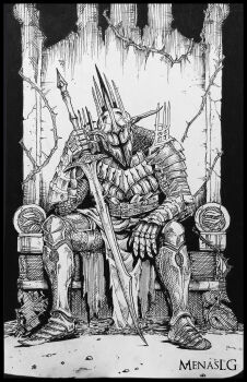  1boy absurdres arm_on_knee armor armored_boots artist_name aurous_(dark_souls) belt black_border boots border breastplate commentary dark_souls_(series) dark_souls_ii full_armor full_body gauntlets greaves greyscale hand_up helmet highres holding holding_sword holding_weapon knight loincloth looking_down male_focus menaslg monochrome pauldrons shoulder_armor sitting sitting_on_throne solo spiked_helmet spiked_pauldrons spikes sword thorns throne weapon 