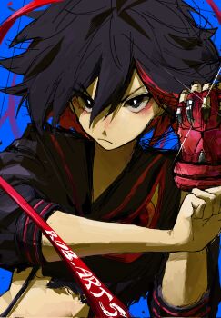  angry black_eyes black_hair black_serafuku blue_background colored_inner_hair commentary crossed_wrists eyeshadow fingerless_gloves gloves highres kill_la_kill looking_at_viewer makeup matoi_ryuuko multicolored_hair pale_skin red_eyeshadow red_streaks robarts_15(rob.arts_15) school_uniform senketsu serafuku signature single_fingerless_glove single_glove streaked_hair untranslatable_commentary v-shaped_eyebrows 