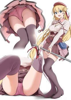 1girl absurdres agnes_claudel ass beret blonde_hair blue_eyes boots bow bow_panties commentary_request crotch_seam double-parted_bangs eiyuu_densetsu hair_bun hat highres holding holding_staff kuro_no_kiseki_(series) long_hair long_sleeves looking_at_viewer low-tied_long_hair magurotatakighn miniskirt multiple_views open_mouth panties picot_trim_panties pink_hat pink_panties pink_shirt purple_boots shirt simple_background sitting skirt smile spread_legs staff standing thighhighs underwear upskirt variant_set very_long_hair white_background zettai_ryouiki 