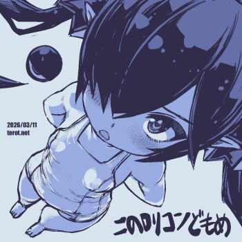  1girl :o arms_behind_back backbeako_(torotei) backbeard barefoot blue_background blue_theme blush breasts commentary dated dated_commentary dutch_angle gegege_no_kitarou hair_over_one_eye hair_ribbon kono_lolicon_domome long_hair looking_at_viewer lower_teeth_only monochrome one-piece_swimsuit open_mouth original paid_reward_available petite pointy_ears ribbon simple_background small_breasts solo standing swimsuit teeth torotei translated twintails watermark web_address 