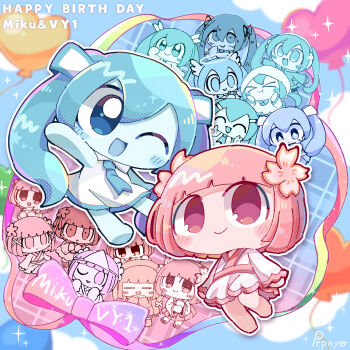  >_< 6+girls :d :t ;d amedama_(vocaloid) balloon bare_arms bare_shoulders barefoot blue_eyes blue_necktie blue_skin blue_sky blue_trim blunt_bangs blunt_ends bob_cut character_name chibi chibi_only closed_mouth cloud collared_dress colored_skin commentary_request curse_neurosis_(vocaloid) diary_(vocaloid) double-parted_bangs dress full_body hair_between_eyes hair_ornament halftone happy_birthday hatsune_miku heart_balloon highres japanese_clothes kimono long_hair long_sleeves looking_at_another looking_at_viewer multiple_girls multiple_persona necktie no_pupils one_eye_closed open_mouth outline pepoyo pink_eyes pink_hair pink_skin pink_trim rakuraku_anrakushi_(vocaloid) short_hair sky sleeveless sleeveless_dress smile sparkle tongue twintails vocaloid vy1 white_dress white_kimono white_outline x_hair_ornament 