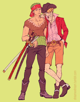  2boys bandana black_pants blonde_hair boots commentary cowboy_hat dreamxxdream english_commentary facial_hair goatee green_background green_hair hair_over_one_eye haramaki hat jacket leg_hair looking_at_viewer looking_to_the_side male_focus multiple_boys one_piece one_piece:_strong_world pants red_jacket roronoa_zoro sanji_(one_piece) short_hair shorts simple_background smile 