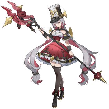  1girl 67hao_danta absurdres bearskin_cap black_thighhighs boots breasts chinese_commentary closed_mouth colored_inner_hair commentary_request dress frills full_body grey_hair hat high_heels highres holding holding_staff incredibly_absurdres long_hair looking_at_viewer low-tied_long_hair multicolored_hair original red_eyes red_hair red_skirt shako_cap simple_background skirt solo staff standing thighhighs twintails two-tone_hair very_long_hair white_background zenless_zone_zero 