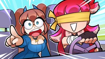  2girls aqua_eyes bandaged_arm bandages bare_shoulders berrycrepe black_gloves blindfold blue_horns blue_sweater breasts bright_pupils brown_hair cheriiart cleavage commentary driving emphasis_lines english_commentary fang fingerless_gloves glasses gloves horns indie_virtual_youtuber keirabug long_hair multiple_girls official_art open_mouth outline pointing red_hair round_eyewear small_horns smile sweater teeth tentacles twintails upper_teeth_only video_thumbnail virtual_youtuber white_outline white_pupils youtube_video_thumbnail 