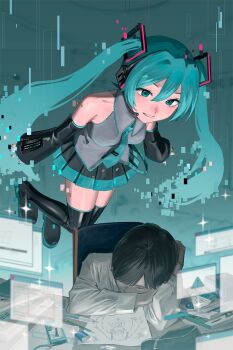  ! 1boy 1girl aqua_eyes aqua_hair aqua_necktie black_boots black_hair black_skirt black_sleeves book boots breasts chair collared_shirt commentary_request detached_sleeves drawing_(object) eraser full_body glitch grey_shirt hair_between_eyes hatsune_miku headset highres long_hair long_sleeves necktie nugodesuga. paper pen pencil pencil_case pleated_skirt shirt skirt sleeveless sleeveless_shirt sparkle teeth thigh_boots tie_clip twintails very_long_hair vocaloid window_(computing) 