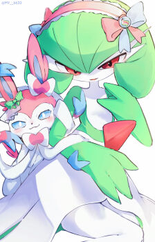 1girl :3 artist_name blue_sclera blush bob_cut bow bowtie closed_mouth colored_sclera colored_skin ear_bow female_focus flat_chest frilled_hairband frills gardevoir gen_3_pokemon gen_6_pokemon green_bow green_hair green_skin hair_bow hairband half-closed_eyes hand_up happy looking_at_viewer mega_stone multicolored_bow multicolored_skin my_(my_6633) neck_ribbon nintendo open_mouth pink_bow pink_bowtie pink_hairband pokemon pokemon_(creature) red_eyes ribbon short_hair simple_background sitting smile smug sylveon twitter_username two-tone_skin watermark white_background white_eyes white_ribbon white_skin
