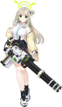 1girl 9ml ammunition_belt black_bow black_gloves black_skirt black_socks blonde_hair blue_archive blush bow breasts buttons cardigan closed_mouth cross-laced_shoes dirty dirty_clothes dirty_face female_focus fingerless_gloves frown full_body game_asset gatling_gun gloves green_eyes green_halo gun hair_bow hair_rings halo heel_up holding holding_gun holding_weapon id_card lanyard large_breasts large_variant_set long_hair long_sleeves looking_at_viewer m134_minigun minigun miniskirt nervous nonomi_(blue_archive) off_shoulder official_art open_cardigan open_clothes plaid_clothes plaid_skirt raised_inner_eyebrows shirt_tucked_in shoes sidelocks simple_background single_hair_ring skirt sleeves_past_wrists sneakers socks solo split_mouth standing swept_bangs tachi-e third-party_source torn_cardigan transparent_background two-handed variant_set weapon white_shoes wide-eyed yellow_cardigan