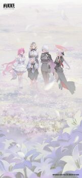  5girls absurdres black_bow black_cape black_dress black_shirt black_skirt blonde_hair bow breasts cape capelet closed_eyes closed_mouth dorothy_(nikke) dress field flower flower_field goddess_of_victory:_nikke goggles goggles_on_head grey_hair halo headpiece highres large_breasts liliweiss_(nikke) lily_(flower) long_hair long_sleeves multiple_girls official_art open_mouth outdoors pink_hair poncho red_halo scarlet_(black_shadow)_(nikke) scarlet_(nikke) shirt skirt smile snow_white_(innocent_days)_(nikke) snow_white_(nikke) standing white_capelet white_dress white_flower white_hair 