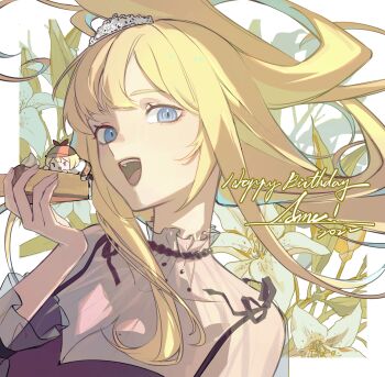  1girl 2022 :d black_dress blonde_hair blue_eyes breasts cleavage commentary dress english_commentary floating_hair floral_background hand_up happy_birthday highres holding hololive hololive_english long_hair long_sleeves looking_at_viewer medium_breasts official_alternate_costume official_alternate_hairstyle open_mouth ryuko_lee see-through_clothes see-through_dress sidelocks sleeveless sleeveless_dress smile smol_ame solo teeth tiara upper_body upper_teeth_only virtual_youtuber watson_amelia watson_amelia_(party_dress) 