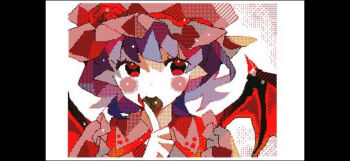  1girl alternate_color bat_wings blue_hair blush chocolate collar eating flower food frilled_shirt frills hat hat_flower highres holding holding_food mob_cap nail_polish pale_skin pixel_art pixelated pointy_ears polka_dot puffy_short_sleeves puffy_sleeves red_eyes red_nails remilia_scarlet rose shirt shiwaiji short_hair short_sleeves solo third-party_source touhou upper_body white_background wings 