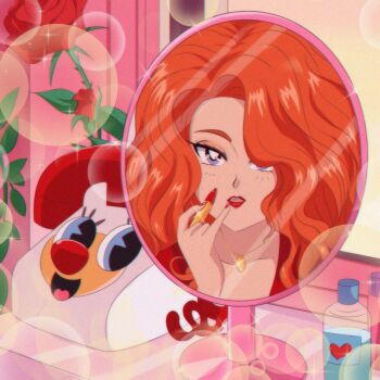  1990s_(style) 1girl animification big_hair blue_eyes brenni_murasaki commentary english_commentary flower highres jewelry lipstick long_hair looking_at_mirror makeup mirror necklace orange_hair phone powerpuff_girls red_flower red_lips red_rose retro_artstyle rose sara_bellum solo thighs 