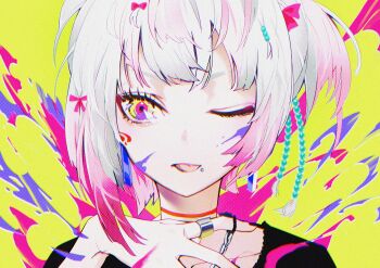  1girl absurdres acid_trip aki_yuu beads blush bob_cut choker collarbone crazy earrings fingernails hair_beads hair_ornament highres jewelry long_fingernails looking_at_viewer makeup nail_polish one_eye_closed original piercing side_ponytail smile white_hair 