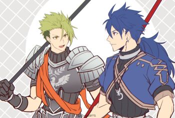  0nodera 2boys achilles_(fate) armor commentary_request cu_chulainn_(fate) cu_chulainn_(fate/prototype) earrings fate/grand_order fate_(series) green_hair holding holding_polearm holding_weapon jewelry long_hair looking_at_another male_focus multiple_boys necklace open_mouth orange_eyes orange_sash parted_lips polearm ponytail ribbed_shirt shirt undercut weapon 