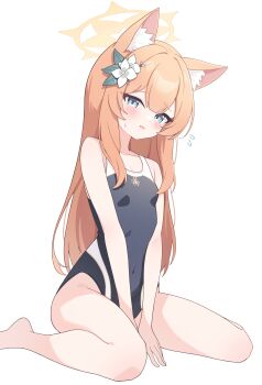 1girl absurdres animal_ear_fluff animal_ears ass bare_arms bare_legs bare_shoulders barefoot black_one-piece_swimsuit blue_archive blue_eyes blush breasts cat_ears halo highleg highleg_one-piece_swimsuit highres long_hair looking_at_viewer mari_(blue_archive) nonddu one-piece_swimsuit open_mouth orange_hair raised_eyebrows school_swimsuit simple_background small_breasts solo swimsuit white_background yellow_halo rating:Sensitive score:43 user:danbooru