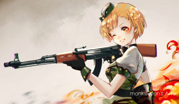  1girl ak-47 artist_name assault_rifle black_gloves blonde_hair breasts camouflage chromatic_aberration commentary english_commentary fukuda_noriko garrison_cap gloves grin gun hat highres holding holding_gun holding_weapon idolmaster idolmaster_million_live! kalashnikov_rifle monkeyyan official_alternate_hairstyle one_eye_closed puffy_short_sleeves puffy_sleeves rifle short_hair short_sleeves smile solo weapon yellow_eyes 