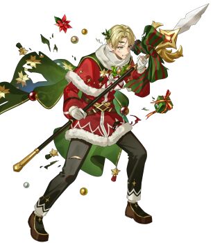  1boy alfred_(fire_emblem) alfred_(joyous_snowdrop)_(fire_emblem) battle_damage belt black_pants blonde_hair bow brown_belt cape capelet clenched_teeth coat commentary_request damaged fire_emblem fire_emblem_engage fire_emblem_heroes fur-trimmed_capelet fur-trimmed_coat fur_trim gloves green_bow green_cape green_eyes hair_ornament hanada_09 highres holding holding_polearm holding_weapon holly holly_hair_ornament long_sleeves looking_at_viewer male_focus nintendo non-web_source official_alternate_costume official_art open_mouth pants parted_lips polearm red_capelet red_coat santa_costume scarf shoes short_hair simple_background solo star_(symbol) star_ornament teeth torn_cape torn_clothes torn_pants weapon white_background white_gloves white_scarf 