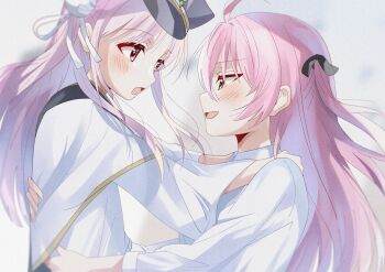  2girls :d ahoge aikawa_megumi black_bow black_hat blurry blurry_background blush bow bun_cover capelet collared_shirt commentary_request film_grain from_side green_eyes hair_between_eyes hair_bow hair_bun hair_ribbon happy hat heaven_burns_red highres hug kunimi_tama long_hair long_sleeves looking_at_another minami773 multiple_girls open_mouth peaked_cap pink_eyes pink_hair profile ribbon shirt sidelocks smile tsurime two_side_up upper_body very_long_hair white_capelet white_ribbon white_shirt yuri 