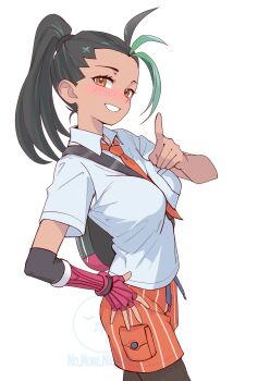  1977_oj3 1girl absurdres backpack bag between_breasts black_bag black_pantyhose breasts collared_shirt commentary_request fingerless_gloves freckles gloves green_hair grin highres long_hair looking_at_viewer multicolored_hair necktie nemona_(pokemon) nintendo orange_necktie orange_shorts pantyhose pantyhose_under_shorts pointing pointing_at_viewer pokemon pokemon_sv ponytail red_gloves shirt short_sleeves shorts simple_background single_glove smile solo strap_between_breasts streaked_hair striped_clothes striped_shorts vertical-striped_clothes vertical-striped_shorts watermark white_background white_shirt 