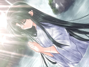  1girl black_hair closed_eyes elf female_focus game_cg ichi-sama japanese_clothes light meditation onikagura pointy_ears solo water yamamoto_kazue  rating:Sensitive score:9 user:danbooru