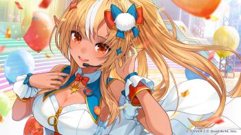  1girl absurdres balloon blonde_hair bow bowtie breasts cleavage commentary_request concert confetti copyright_name dark-skinned_female dark_skin detached_collar detached_sleeves dress elf floating_hair hair_ornament headset high_ponytail highres hololive hololive_dreams large_breasts long_hair long_sidelocks looking_at_viewer multicolored_hair official_alternate_costume official_art open_mouth orange_bow orange_bowtie pointy_ears pom_pom_(clothes) pom_pom_hair_ornament ponytail puffy_detached_sleeves puffy_short_sleeves puffy_sleeves shiranui_flare short_sleeves sidelocks sleeveless sleeveless_dress solo streaked_hair virtual_youtuber white_dress white_streaks wrist_cuffs 