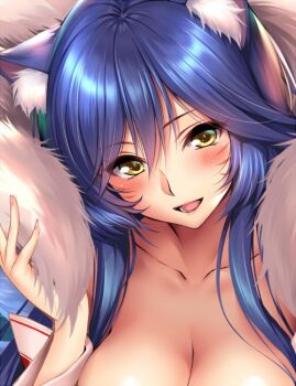  1girl :d ahri_(league_of_legends) animal_ears blue_hair blush breasts cleavage collarbone commentary_request cropped eyes_visible_through_hair facial_mark fox_ears fox_girl hair_between_eyes large_breasts league_of_legends long_hair long_sidelocks looking_at_viewer lower_teeth_only open_mouth piromizu sidelocks smile solo teeth yellow_eyes 