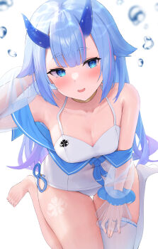  1girl air_bubble alternate_color_school_swimsuit azur_lane blue_eyes blue_hair blue_horns breasts bubble commission futon_fly_away gold_choker highres horns i-13_(azur_lane) long_hair looking_at_viewer one-piece_swimsuit open_mouth pixiv_commission ribbon-trimmed_legwear ribbon_trim sakura_empire_(emblem) school_swimsuit see-through_clothes see-through_sleeves short_eyebrows single_thighhigh small_breasts smile solo swimsuit thick_eyebrows thighhighs thighs translucent_horns very_long_hair white_background white_one-piece_swimsuit white_thighhighs 