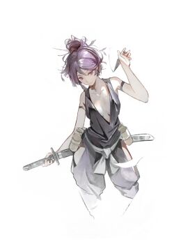  1girl absurdres arm_strap breasts center_opening clothing_cutout collarbone hand_up highres hip_vent holding holding_sword holding_weapon japanese_clothes jigokuraku kanji_(nievart) katana kimono kunai medium_breasts messy_hair ninjatou ponytail purple_eyes purple_hair purple_kimono sash sheath short_sword solo sword unsheathing watercolor_effect weapon white_background white_sash yuzuriha_(jigokuraku) 