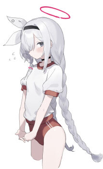 1girl absurdres adjusting_buruma adjusting_clothes alternate_hairstyle blue_archive blush braid buruma gym_uniform highres own_hands_together paper plana_(blue_archive) red_buruma sh_(shinh) shirt simple_background solo t-shirt thigh_gap thighs twin_braids twitter white_background white_shirt rating:Sensitive score:54 user:buster2222