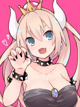 1girl :d armlet bare_shoulders black_dress blonde_hair blue_eyes bowsette bracelet breasts chest_jewel claw_pose cleavage collar collarbone commentary crown dress earrings fangs female_focus fingernails hair_between_eyes heart high_ponytail highres horns jewelry looking_at_viewer mario_(series) nail_polish new_super_mario_bros._u_deluxe nintendo open_mouth pink_background ponytail sawara_(starligtvision) simple_background smile solo spiked_armlet spiked_bracelet spiked_collar spikes strapless strapless_dress super_crown thick_eyebrows upper_body v-shaped_eyebrows  rating:Sensitive score:4 user:danbooru