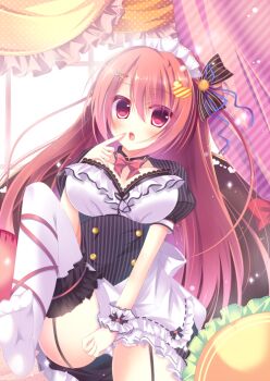  1girl :o apron back_bow black_bow black_dress blush bow breasts buttons commentary_request cowboy_shot curtains double-breasted dress feet finger_to_mouth frilled_apron frilled_pillow frilled_wrist_cuffs frills garter_straps hair_between_eyes hair_bow hair_ornament hairclip heart heart_hair_ornament indoors large_breasts leg_ribbon light_particles long_hair looking_at_viewer maid maid_headdress mizuse_sakua no_shoes open_mouth original panties pantyshot parallel_hairclips pillow puffy_short_sleeves puffy_sleeves red_eyes red_hair ribbon ribbon-trimmed_apron ribbon_trim short_sleeves soles solo sparkle standing standing_on_one_leg striped_bow striped_clothes striped_dress thighhighs top_of_moe_2015 underwear vertical-striped_clothes vertical-striped_dress very_long_hair white_apron white_panties white_thighhighs white_wrist_cuffs window wrist_cuffs 