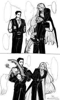 +++ 1girl 2boys 2koma absurdres alternate_costume arthropod_limbs beard_stubble belt blush breast_pocket breasts buckle carrying carrying_over_shoulder closed_eyes coat collared_shirt comic embarrassed facial_hair flying_sweatdrops formal_clothes gauntlets glasses gregor_(project_moon) greyscale hair_intakes hair_slicked_back half-closed_eyes height_difference hetero highres holding id_card laurel_crown lifting_person limbus_company long_coat long_hair long_sleeves looking_at_another looking_down looking_to_the_side looking_up low_ponytail male_focus meursault_(project_moon) monochrome multiple_boys name_tag necktie open_mouth pants parted_bangs pocket ponytail pouch princess_carry project_moon rodion_(project_moon) semi-rimless_eyewear shirt shoes short_hair shoulder_carry signature simple_background sitting sitting_on_person sitting_on_shoulder sketch sleeves_rolled_up smile speech_bubble squiggle standing stubble suit sweat sweatdrop twitter_username under-rim_eyewear very_long_hair vest white_background yaoi