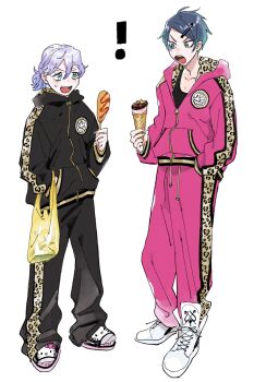  ! 2boys :d :o ahoge alternate_costume alternate_hairstyle androgynous animal_print aqua_eyes bag black_jacket black_pants black_shirt blue_eyes blue_hair collarbone corn_dog deuce_spade deuce_spade_(cozy_loungewear) dot_nose epel_felmier facial_mark fingernails food full_body furrowed_brow grey_socks hair_between_eyes hair_ornament hairclip hand_in_pocket hello_kitty hello_kitty_(character) high_tops highres holding holding_food holding_ice_cream_cone hood hood_down hooded_jacket ice_cream_cone jacket kate_jgk leopard_print long_sleeves looking_at_another low_ponytail male_focus matching_outfits multiple_boys open_mouth pants pants_tucked_in parted_bangs pink_jacket pink_pants plastic_bag ponytail purple_hair sandals sanrio shirt shoes shopping_bag short_hair short_ponytail simple_background slides small_sweatdrop smile sneakers socks spade_(shape) spade_facial_mark standing sweatpants teeth twisted_wonderland two-sided_fabric upper_teeth_only v-shaped_eyebrows very_short_hair white_background white_shoes 