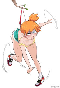  1girl allbeatnik aqua_shorts areola_slip ass assisted_exposure bare_shoulders blue_eyes blush branch breasts collarbone cutoffs denim denim_shorts downblouse full_body green_shorts leg_up misty_(pokemon) motion_lines nintendo no_bra open_mouth orange_hair panties pokemon pokemon_(anime) pokemon_(classic_anime) ponytail red_panties shirt shoes short_hair short_shorts shorts side_ponytail simple_background slingshot_swimsuit small_breasts sneakers socks solo solo_focus standing standing_on_one_leg strap_slip suspenders sweat swimsuit tank_top tearing_up tears thong tongue twitter_username underwear wedgie white_background white_socks yellow_shirt yellow_tank_top 