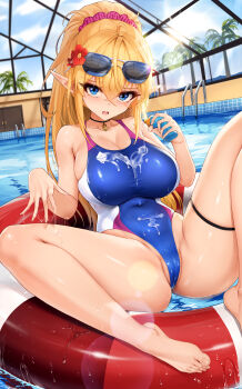1girl absurdres ahoge bare_arms bare_legs barefoot black_choker blonde_hair blue_eyes blush bottle breasts cameltoe choker commentary competition_swimsuit covered_navel elf english_commentary eyewear_on_head feet flower hair_between_eyes hair_flower hair_ornament highleg highleg_one-piece_swimsuit highres holding holding_bottle innertube large_breasts long_hair looking_at_viewer lotion lotion_bottle niliu_chahui one-piece_swimsuit original palm_tree partially_visible_vulva pointy_ears pool red_flower rei_no_pool solo sunglasses sunscreen swim_ring swimsuit thigh_strap toes tree water rating:Questionable score:78 user:danbooru