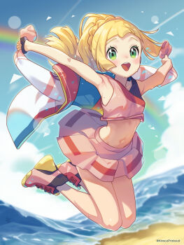 1girl alternate_costume blonde_hair braid cosplay green_eyes highres holding holding_jacket holding_unworn_clothes jacket kinocopro lillie_(pokemon) nemona_(pokemon) nemona_(pokemon)_(cosplay) nemona_(sygna_suit)_(pokemon) nintendo official_alternate_costume pink_shoes pokemon pokemon_masters_ex pokemon_sm ponytail ponytail_with_braided_base shoes solo unworn_jacket rating:General score:32 user:RIG
