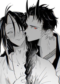  2boys antenna_hair blush braid commentary_request curtained_hair fate/grand_order fate_(series) greyscale hijikata_toshizou_(fate) horns japanese_clothes kimono kondou_isami_(fate) long_hair male_focus monochrome multiple_boys noni_(3dal2socks) one_eye_closed oni red_eyes short_hair simple_background single_braid spot_color upper_body white_background yaoi 