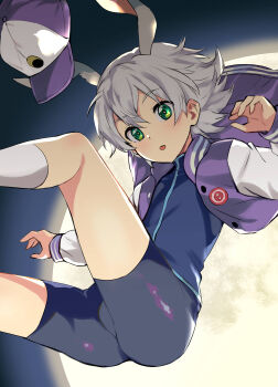 1boy animal_ears baseball_cap doraemon doraemon:_nobita_no_getsumen_tansaki floating green_eyes grey_hair hat jacket letterman_jacket moon pukara rabbit_boy rabbit_ears shirt shorts socks solo tsukino_ruka