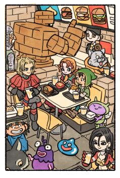  3girls 4boys aira_(dq7) armor black_gloves black_hair blonde_hair booth_seating boots border breasts brown_boots burger chainmail commentary_request crop_top cropped_jacket crossed_legs cup disposable_cup dragon_quest dragon_quest_vii dress earrings facial_hair fast_food food gabo gloves golem golem_(dragon_quest) green_hat green_tunic grin hair_between_eyes hat hero_(dq7) highres hoop_earrings indoors jacket jewelry kiefer long_hair maribel_(dq7) mcdonald's medium_breasts monster multiple_boys multiple_girls mustache old old_man orange_bonnet orange_hair puffy_short_sleeves puffy_sleeves red_dress red_gloves red_jacket red_shirt shirt short_hair short_sleeves sir_mervyn sitting slime_(dragon_quest) smile takeuchi_ryousuke tunic white_border woebergine wolf 