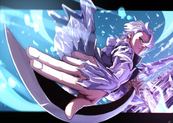 1boy absurdres backlighting bankai bleach bleach:_sennen_kessen-hen blue_sky commentary_request daiguren_hyourinmaru_(bankai) day dynamic_pose eyebrows_hidden_by_hair fighting_stance fingernails foreshortening green_eyes hair_between_eyes hand_on_blade highres hitsugaya_toushirou hitsugaya_toushirou_(adult) holding holding_sword holding_weapon ice ice_wings isana! katana letterboxed looking_at_viewer male_focus midair military_uniform nose outdoors outside_border outstretched_arm parted_lips short_hair sky solo sunlight sword tsurime wandenreich_uniform weapon white_hair wings zanpakutou