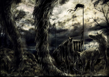  absurdres bare_tree cage cloud cloudy_sky commentary_request flag highres horse hourai_no_hangentsuki monochrome no_humans original pixiv_fantasia pixiv_fantasia_sword_regalia scenery sky tree wolf 