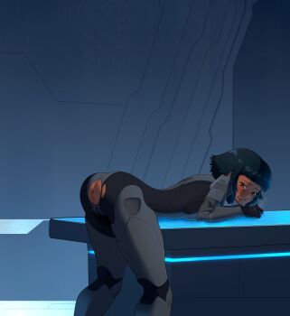  1girl absurdres arianne_(artist) armor bent_over bent_over_furniture blush bodysuit captured commission dark-skinned_female dark_skin defeat desk halo_(game) halo_(series) helpless highres huge_filesize humiliation mia-b013 military military_uniform native_american nervous on_desk punishment scared sitting solo spartan_(halo) spoils spoils tight_clothes torn_bodysuit torn_clothes yuri 