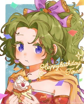  1girl blue_background blue_eyes border cape character_name cherry chewing colored_eyelashes commentary_request confetti cupcake detached_sleeves dress earrings final_fantasy final_fantasy_vi food food_on_face fringe_trim fruit green_hair hair_bobbles hair_ornament hair_ribbon happy_birthday hidechanyade highres holding holding_food jewelry light_blush long_hair parted_bangs pink_ribbon ponytail red_dress ribbon solo strapless strapless_dress tina_branford tube_dress wavy_hair white_border yellow_cape 
