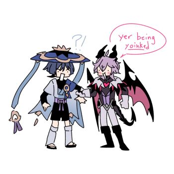  !? ._. 2boys ahoge aracanthus38633 arms_at_sides black_bodysuit black_boots black_bridal_gauntlets black_coat black_horns black_sandals black_shorts black_tail blue_cape blue_hat blue_kimono blunt_ends blush bodysuit boots bow bridal_gauntlets cape chest_jewel clenched_hand coat coattails commentary dragon_boy dragon_horns dragon_tail dragon_wings english_commentary english_text feathers gem genshin_impact gloves gold grey_hair hair_between_eyes hat heart-shaped_gem holding_another's_arm horns japanese_clothes jingasa juban kimono leg_warmers mini_durin_(genshin_impact) mini_durin_(human)_(genshin_impact) multiple_boys open_clothes open_hand open_kimono open_mouth pants pom_pom_(clothes) purple_bow purple_hair purple_sash red_gemstone red_wings sandals sash scaramouche_(genshin_impact) short_sleeves shorts speech_bubble spiked_tail spoilers standing tail wanderer_(genshin_impact) white_gloves white_kimono white_leg_warmers white_mouth white_pants white_sleeves wings yellow_feathers zouri 