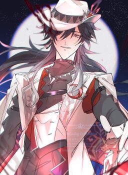  1boy absurdres arm_belt ashveil_(honkai:_star_rail) badge black_hair crescent earrings fedora full_moon gloves grey_eyes hair_over_one_eye hashtag-only_commentary hat hat_ornament highres honkai:_star_rail honkai_(series) jacket jewelry light_smile long_hair male_focus moon necklace night single_earring tooth_necklace turtleneck very_long_hair vest waistcoat zakura_hsr 