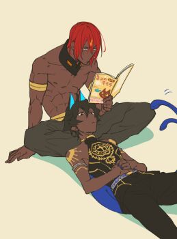  2boys arjuna_(fate) arjuna_alter_(fate) ashwatthama_(fate) black_pants black_shirt blue_nails closed_mouth commentary_request dark-skinned_male dark_skin fate/grand_order fate_(series) hair_between_eyes kokujin_youhei lap_pillow male_focus multiple_boys muscular muscular_male pants reading red_hair shirt short_hair sleeveless sleeveless_shirt tail topless_male translation_request 