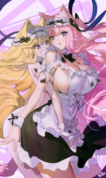  2girls absurdres animal_ears apron arm_strap artist_name bare_arms bare_shoulders black_bow black_bowtie black_ribbon black_skirt blonde_hair bow bowtie breasts cat_ears cat_girl cleavage clothed_female_nude_female collar commentary_request completely_nude covering_privates detached_collar frilled_apron frilled_collar frilled_skirt frills hair_ribbon highres hug hug_from_behind large_breasts long_hair maid maid_apron maid_headdress multiple_girls nike_(nike1060) nude nude_cover open_mouth original pink_hair purple_eyes ribbon shadow siblings sideboob sisters skirt very_long_hair white_apron white_collar wrist_cuffs 